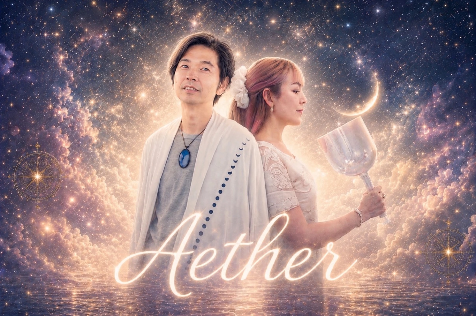 Aether のアーティスト写真。星空を背に、ピアノの鈴空（LINK）とクリスタルボウルを持つ mogmin.